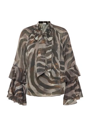 Blouse en chiffon avec un col à nouer en forme de nœud, présentant un imprimé animal multicolore dans des tons de gris et de marron, avec des manches cloche à volants.