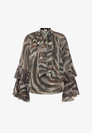 Blouse en chiffon avec un col à nouer en forme de nœud, présentant un imprimé animal multicolore dans des tons de gris et de marron, avec des manches cloche à volants.