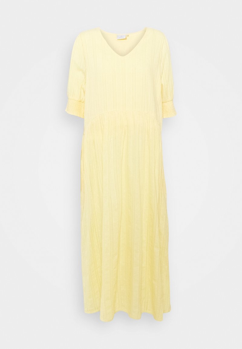 Robe midi jaune clair en maille côtelée avec encolure en V et manches courtes bouffantes resserrées aux poignets.
