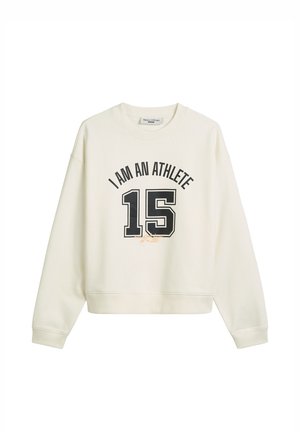 Kremowy sweatshirt z okrągłym dekoltem, długimi rękawami i wyraźną czarną grafiką "JESTEM SPORTOWCEM 15" na przodzie.