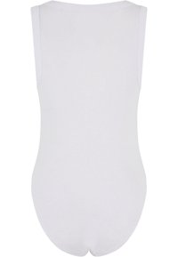 Hvit ermeløs bodysuit i ribbet tekstur, med rund hals og tettsittende silhuett. Myk, elastisk stoff.