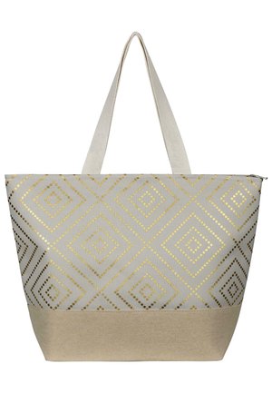 Tote bag in light gray fabric with gold diamond pattern and dots, featuring a solid beige bottom and two straps for carrying.