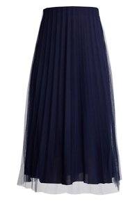 Gonna midi plissettata navy realizzata in tessuto leggero con uno strato semitrasparente, caratterizzata da una vita liscia e una silhouette fluida.