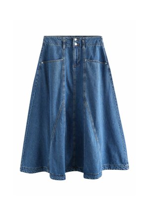 Blå denim A-line nederdel med forlommer, dobbelt knap i linningen og synlige sømdetaljer, der strækker sig til kanten.