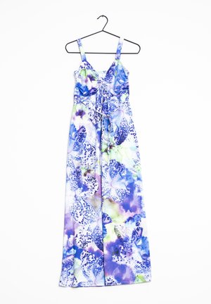 Mouwloze maxi-jurk met blauwe, paarse en groene bloemenpatronen, verstelbare bandjes en een taille met trekkoord, hangend aan een zwarte hanger.
