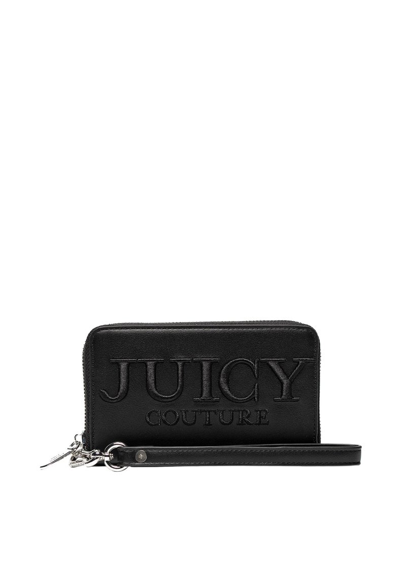 Portefeuille en cuir noir avec logo "JUICY COUTURE" en relief, fermeture zippée et poignet attaché. Texture lisse avec un design minimaliste.