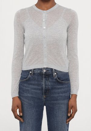 Person wearing a light grey buttoned long-sleeve cardigan and dark blue high-waisted denim jeans against a plain background.