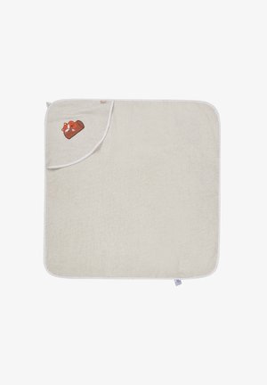 Beige Baumwoll-Badematte mit plüschiger Textur, versehen mit einem gestickten orangen Fuchs auf einem braunen Stamm in einer Ecke und einem umrandeten Rand.