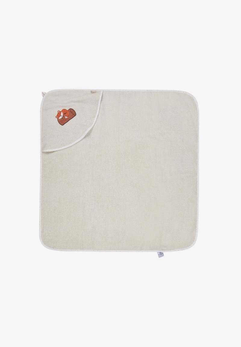 Beige cotton bath mat with a plush texture, featuring an embroidered orange fox on a brown log at one corner and a bordered edge.
