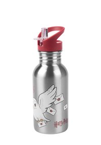 Bottiglia d'acqua in acciaio inox con tappo rosso a ribalta. Presenta un'illustrazione di un gufo bianco e buste. Inclusa la scritta "Harry Potter".