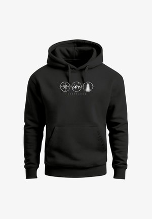Black cotton hoodie featuring a front pocket, drawstring hood, and a white graphic with compass and nature symbols. Soft texture.