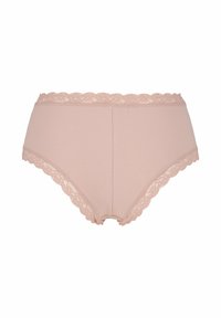 Högmidjade, ljusrosa bomullstrosor med spetskant längs midjebandet och benöppningarna, med en mjuk yta och design för full täckning.