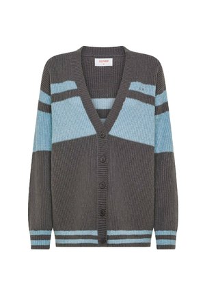 Cardigan a coste con bottoni, a righe orizzontali grigio scuro e azzurro chiaro, con colletto a V.