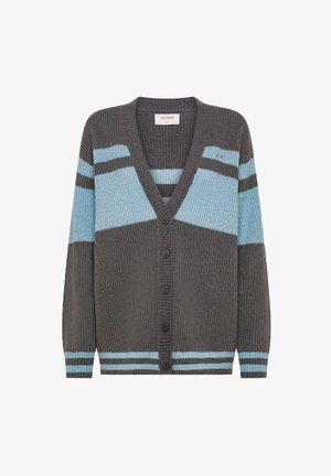 Cardigan a coste con bottoni, a righe orizzontali grigio scuro e azzurro chiaro, con colletto a V.
