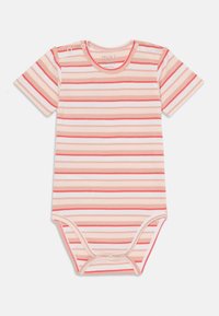Kortærmet baby bodystocking lavet af blødt bomuld, med horisontale pink og koralfarvede striber og trykknapper ved skulderen og bunden.