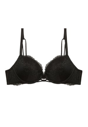 Reggiseno in pizzo nero con coppe imbottite, bordo scallop e spalline regolabili. Tessuto liscio con motivo floreale e dettagli sottili al centro.