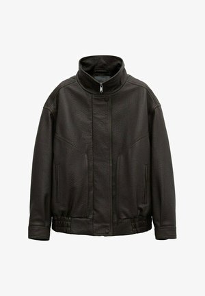 Schwarze Kunstlederjacke mit hohem Kragen, Frontreißverschluss und Druckknopfverschluss, zwei Seitentaschen sowie elastischem Bund und Bündchen.