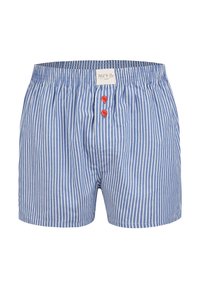 Modré a bílé pruhované boxerky z lehkého bavlněného materiálu, s dvěma červenými knoflíky a elastickým pasem se přišitou etiketou.