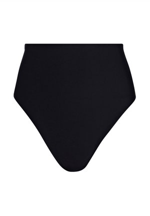 Bikini bottom nero a vita alta realizzato in materiale elastico e liscio, caratterizzato da un design uniforme senza motivi o dettagli decorativi.