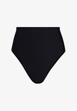 Bikini bottom nero a vita alta realizzato in materiale elastico e liscio, caratterizzato da un design uniforme senza motivi o dettagli decorativi.