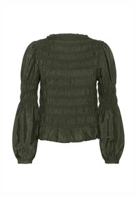 Dunkelgrünes Langarmbluse mit gerüschtem Stoff, Puffärmeln und elastischen Bündchen, von hinten auf einem weißen Hintergrund gezeigt.