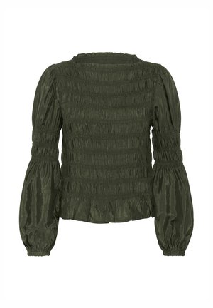 Blouse à manches longues vert foncé avec tissu froncé, manches bouffantes et poignets élastiques, vue de dos sur fond blanc.