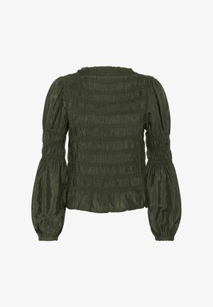 Tumedat rohelised pikad varrukad blouse, kogutud kangaga, puff-varrukatega ja elastsete mansettidega, kujutatud selja poolt valgel taustal.