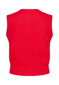 Red knitted sleeveless sweater with a ribbed hem, smooth texture, and a classic crew neckline, featuring no additional patterns or accents.