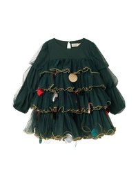 Zeleno tilasto obleko z nabranimi plastmi, z zlatimi obrobami in dekorativnimi okrasnimi elementi v rdeči, srebrni in zeleni barvi. Okrogla izrezana ovratnica in dolgi rokavi.