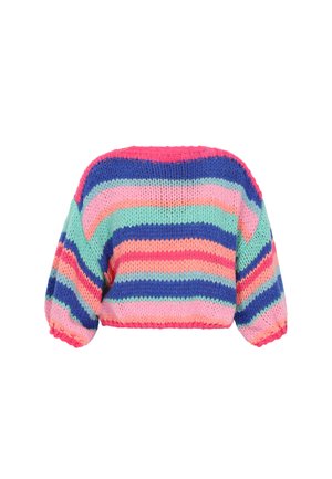 Kötött pulóver, rövidített fazonnal, vízszintes csíkokkal rózsaszínben, kékben, zöldben és korallban. Hosszú, puffadt ujjak és laza sziluett.