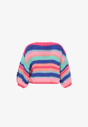 Kötött pulóver, rövidített fazonnal, vízszintes csíkokkal rózsaszínben, kékben, zöldben és korallban. Hosszú, puffadt ujjak és laza sziluett.