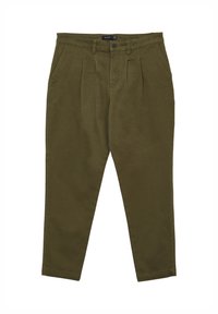 Olivgrüne Hose mit geradem Bein, zwei vorderen Falten und einem Knopfverschluss. Hergestellt aus weichem Stoff mit glatter Textur.