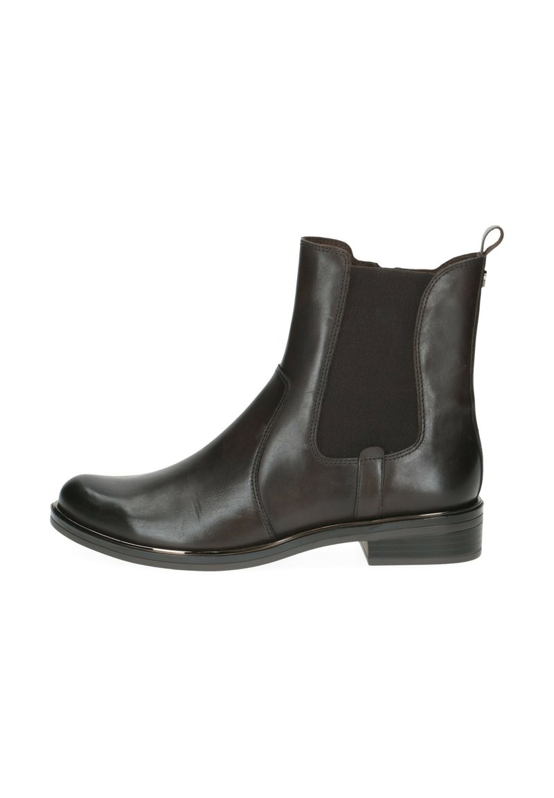 Stivaletto in pelle marrone con pannelli laterali elastici, punta rotonda e tacco basso a blocco. Presenta una linguetta sul retro per una facile calzata.