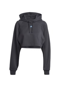 Sweat à capuche court noir avec manches longues, cordons réglables et petit logo bleu clair au centre de la poitrine.