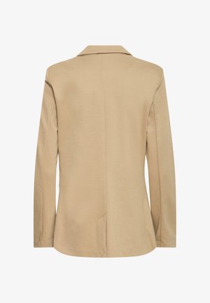 Beige Jacke mit langen Ärmeln, klassischem Kragen, strukturiertem Stoff, glatter Oberfläche und einer Mittelnaht, die über den Rücken verläuft.