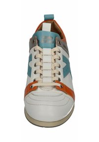White leather sneaker with orange and blue accents, round toe, lace-up front, and a pull tab at the heel. Featuring contrasting stitching details.