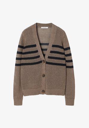 Beige pletený kardigan s námořnickými horizontálními pruhy, hlubokým výstřihem do V a zapínáním na knoflíky. Obsahuje žebrované manžety a lem pro větší texturu.