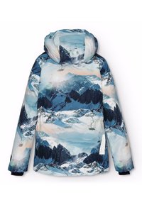 Veste à capuche avec un imprimé paysage montagneux bleu et blanc, en tissu lisse et brillant, avec des poignets de manches noirs.