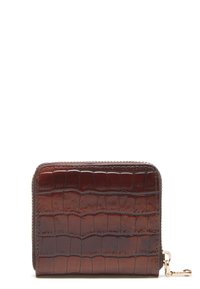 Braune Geldbörse im Krokodil-Look aus glänzendem Leder, mit Reißverschluss und goldenen Hardware-Details.