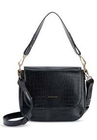 Black faux-crocodile leather crossbody bag with gold hardware, adjustable strap, flap closure, and embossed logo on front.