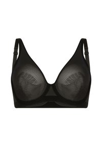 Schwarzer BH mit vorgeformten Cups, aus weichem, transparentem Mesh-Material. Verstellbare Träger und ein glattes Band für Komfort und Unterstützung.
