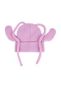 Paarse gebreide muts met lange oorflappen die op dierenoren lijken. Zachte textuur, omgeslagen onderkant en contrasterende gebroken witte accenten op de oren.