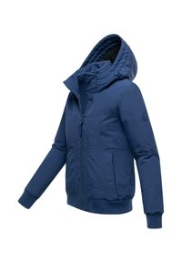 Veste à capuche bleu marine avec fermeture éclair à l'avant, deux poches latérales, poignets et ourlet côtelés, et intérieur de capuche matelassé.