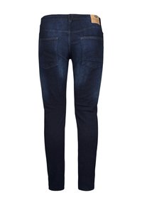 Tmavě modré džíny se slim fit, s dvěma zadními kapsami a koženou nášivkou na pásku. Hladká textura a klasický design.