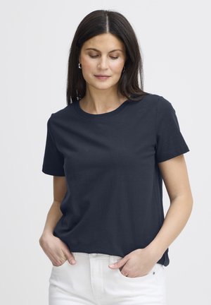 Navy crew-neck t-shirt in lightweight cotton with short sleeves, featuring a straight hem and minimal seams for a clean look.