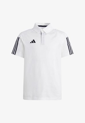 Maglietta polo bianca a maniche corte, con colletto a coste e tre strisce nere su ciascun maniche. Presenta un piccolo logo nero sul petto.