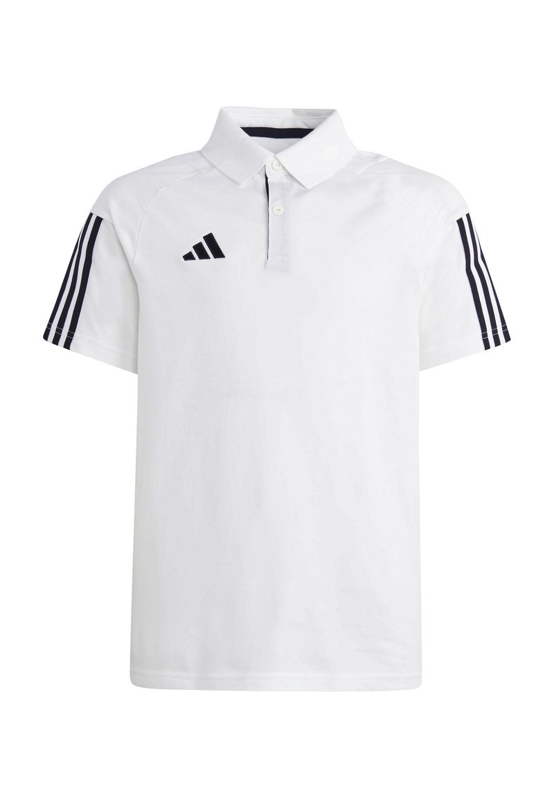 Weißes Poloshirt mit kurzen Ärmeln, geripptem Kragen und drei schwarzen Streifen an jedem Ärmel. Verfügt über ein kleines schwarzes Logo auf der Brust.