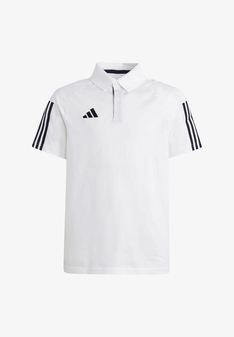 Polo blanc à manches courtes, col côtelé et trois rayures noires sur chaque manche. Présente un petit logo noir sur la poitrine.