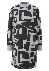 Robe-pull à col haut, en tissu gris orné de grandes formes abstraites noires et de lettres, manches longues, coupe décontractée.