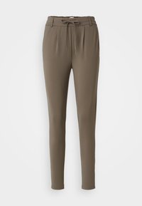 Khaki jogger pants with a drawstring waistband, smooth texture, tapered legs, and pleated details at the front.